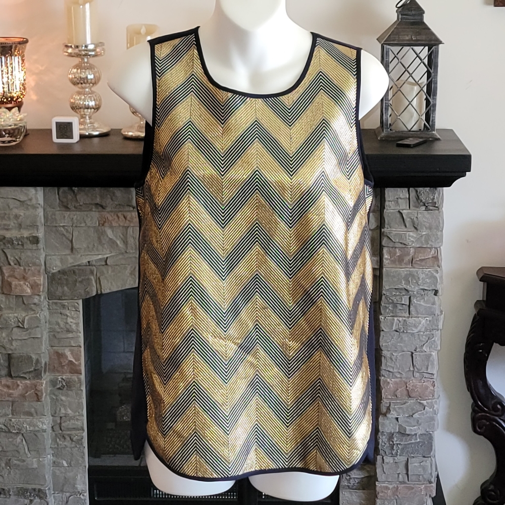 J Crew Chevron Navy Metallic Gold Wool Blend Tank